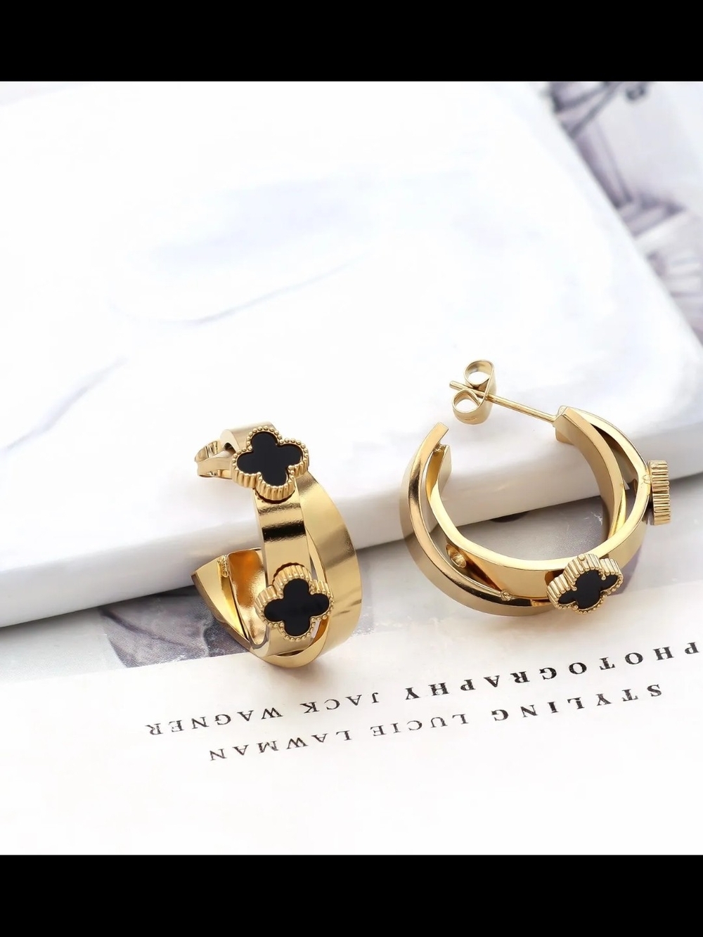 Gold Hoop Earrings with Black Clover Accent - Women Jewelry